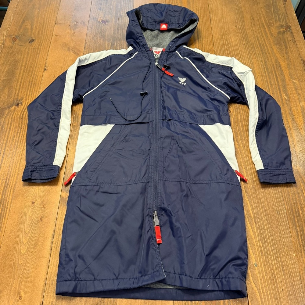TYR Alliance Team Swim Parka Youth Medium Blue Fully Lined Long Line Hoodie